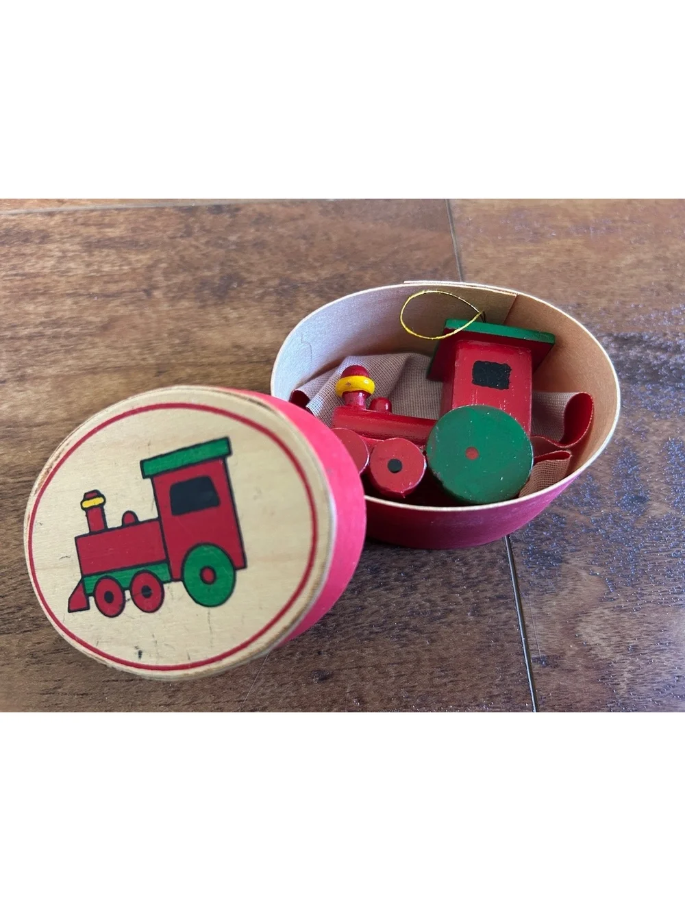 Vintage Wooden Train Ornament in Red and Green with Oval Box